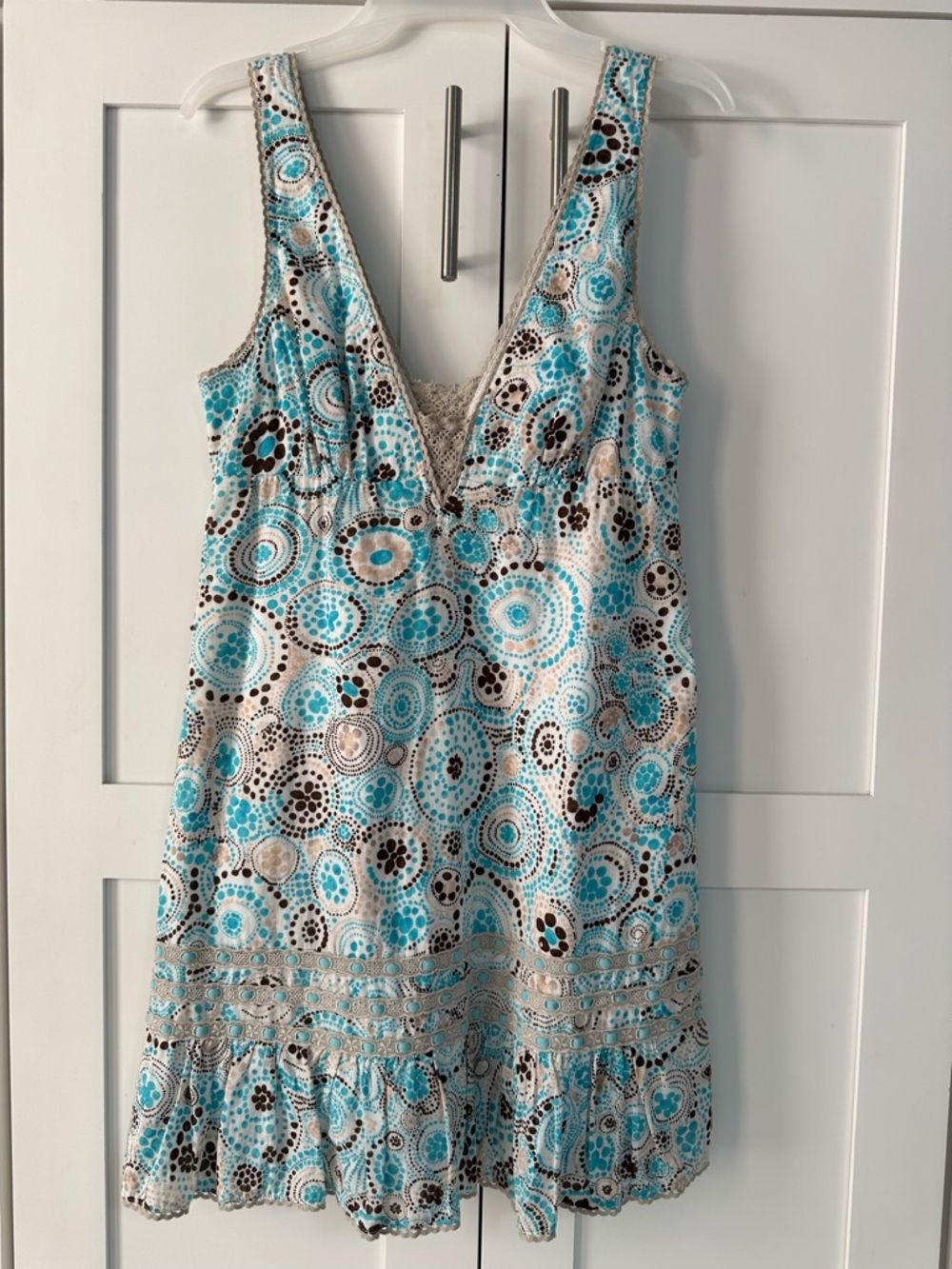 Free People Turquoise, White & Brown Sleeveless V-Neck Mini Dress